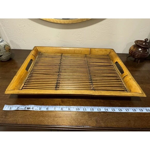 1960s Mid-Century Burnt Tortoise Motif Bamboo Rattan Serving Tray Boho Chic Tiki - Picture 3 of 8